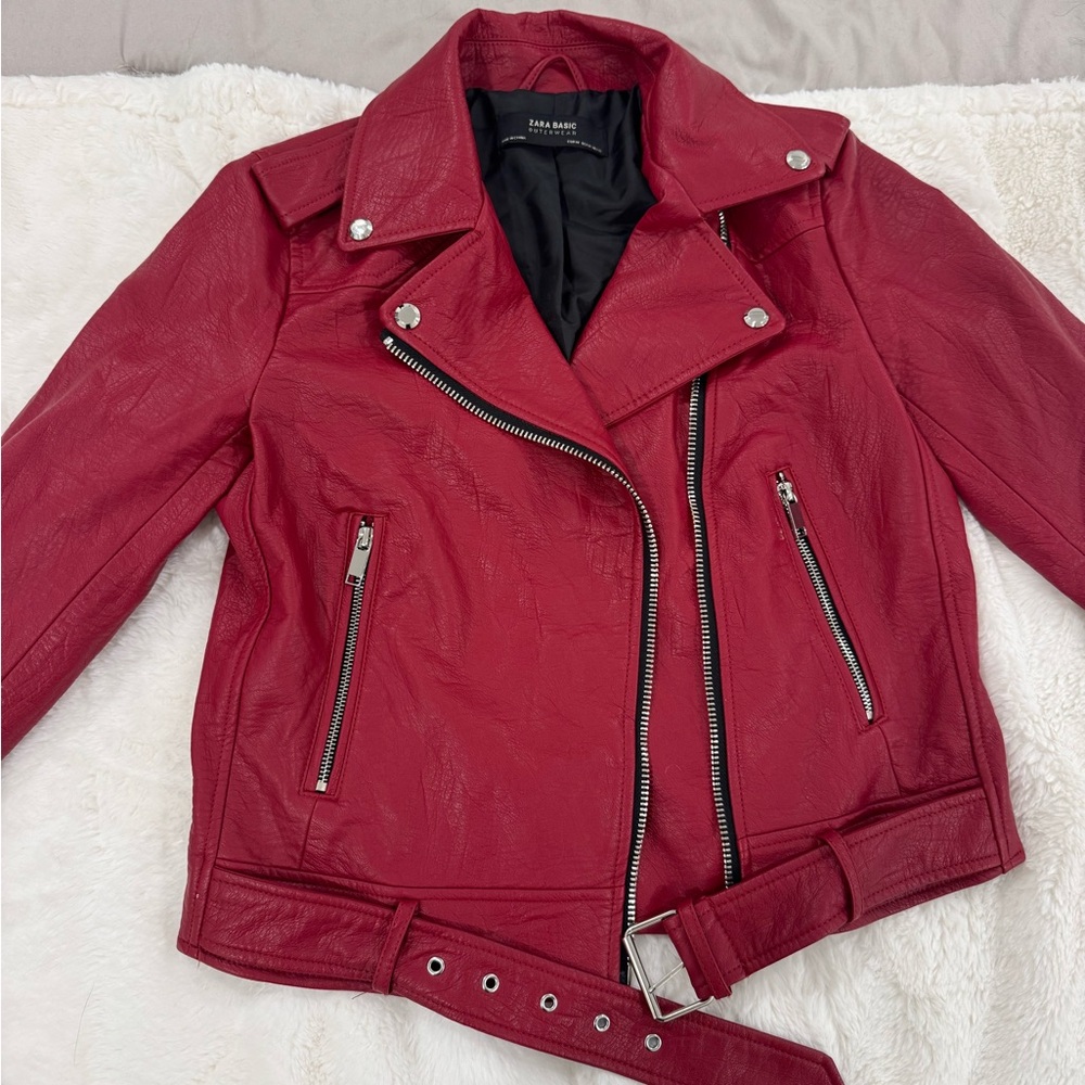 Zara Crimson Leather Biker Jacket